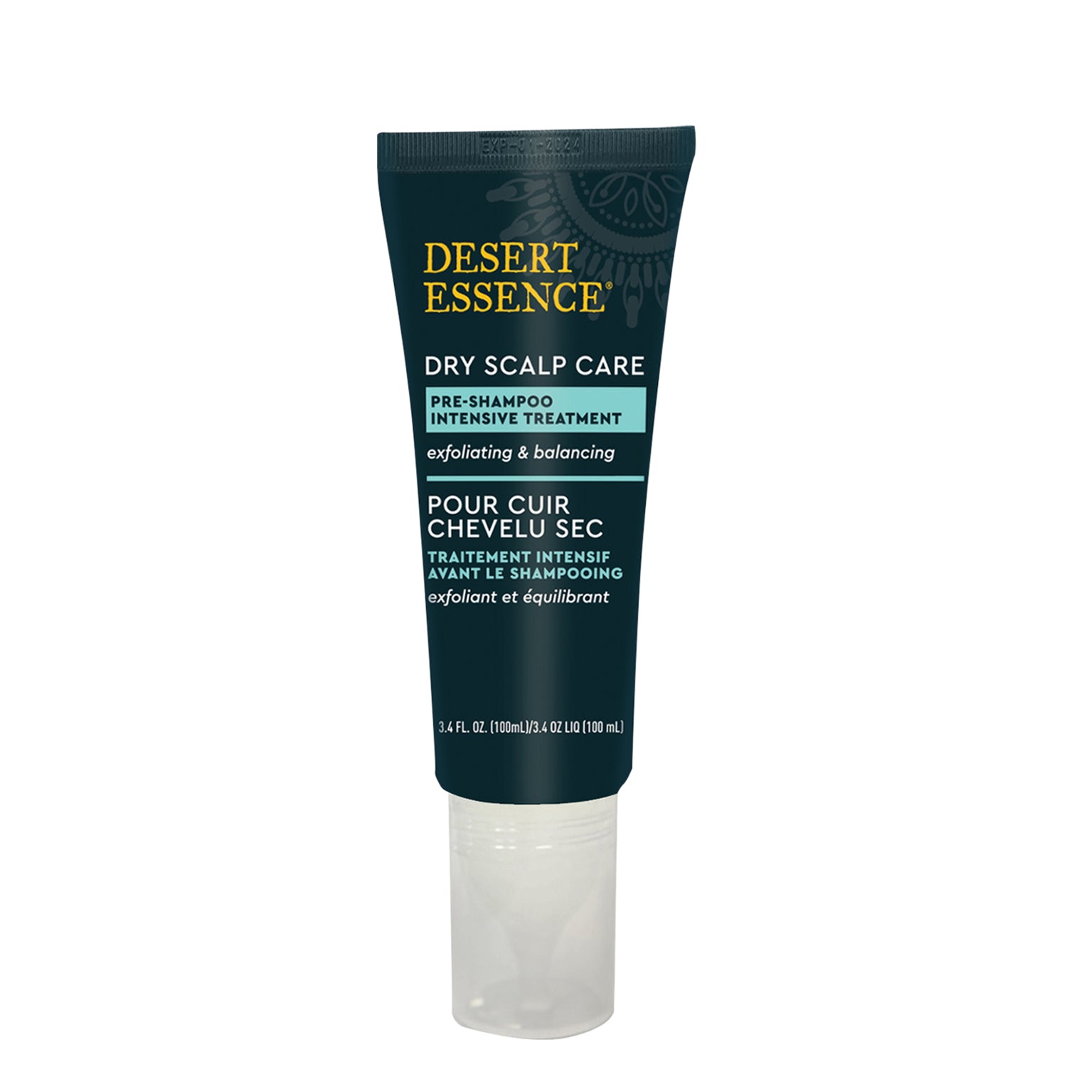 dark blue dry scalp care product pre-shampoo intensive treatment for exfoliating and balancing sitting on a white background
