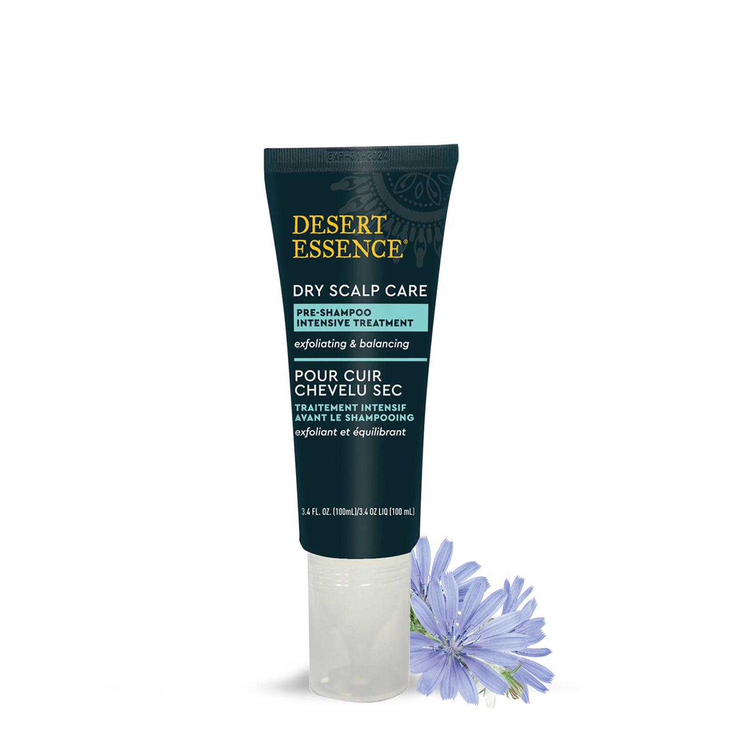 dark blue dry scalp care product pre-shampoo intensive treatment for exfoliating and balancing with purple flower to the right sitting on a white background 