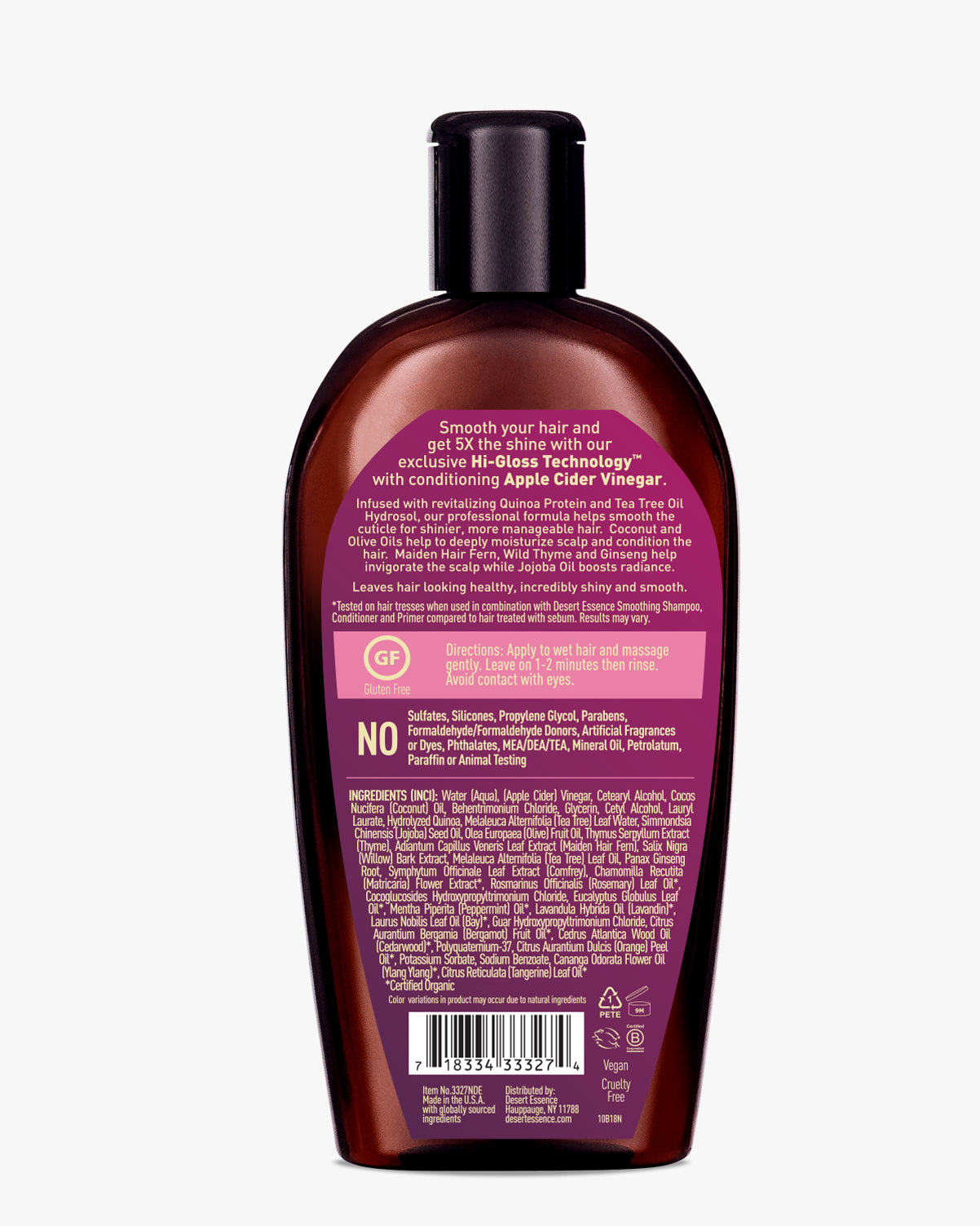 A brown plastic bottle of Smoothing Hair Conditioner with purple label showcasing natural ingredients like Apple Cider Vinegar, Quinoa Protein and Tea Tree Oil. Product features Hi-Gloss Technology for enhanced hair shine and smoothness.