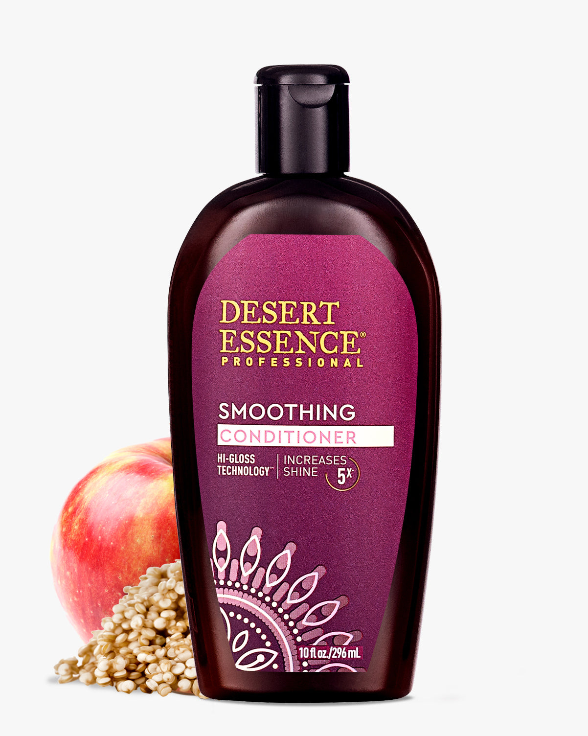 Desert Essence Smoothing Hair Conditioner bottle in dark burgundy with gold text, featuring Hi-Gloss Technology logo, displayed alongside a fresh red apple and quinoa grains, showcasing natural ingredients for shine and smoothness.
