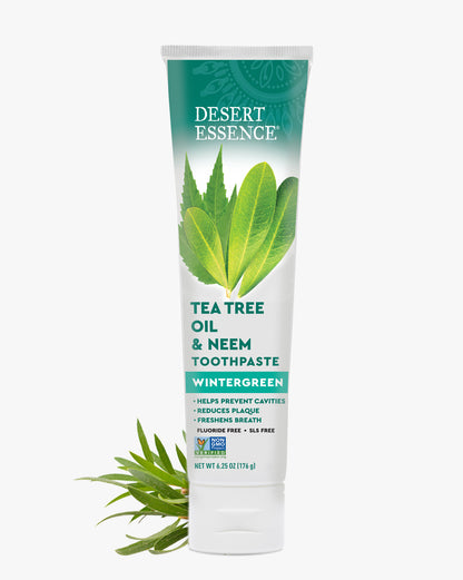 Desert Essence Tea Tree Oil & Neem Toothpaste tube on a white background