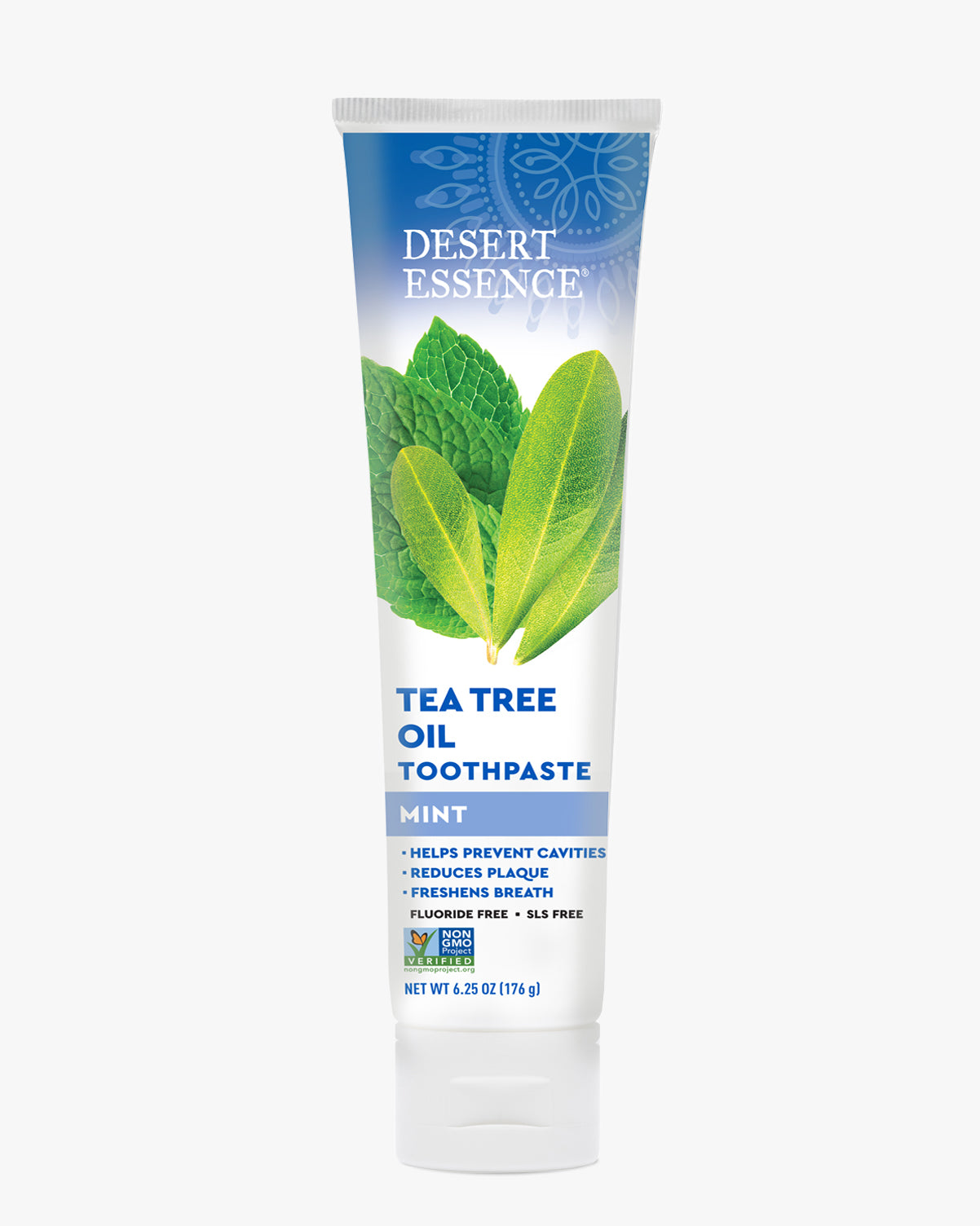 Desert Essence Tea Tree Oil Toothpaste tube on a white background