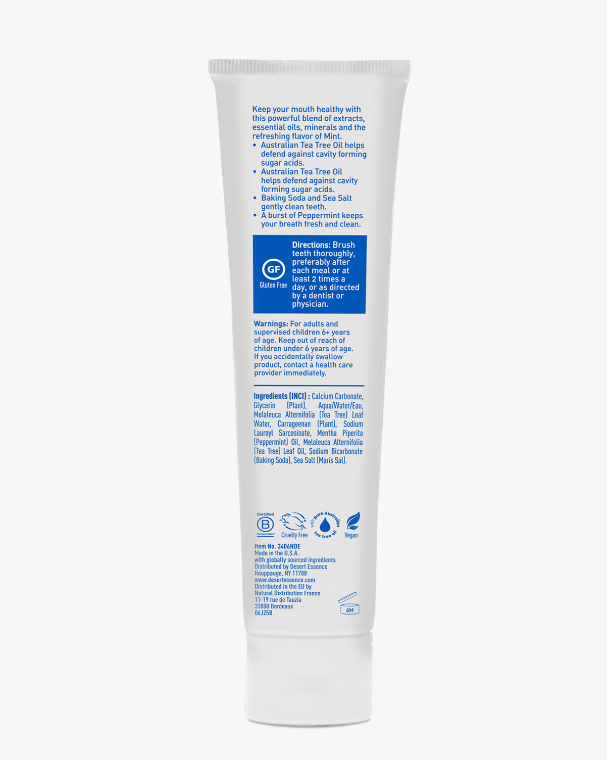 Tube of dental paste with label on a white background