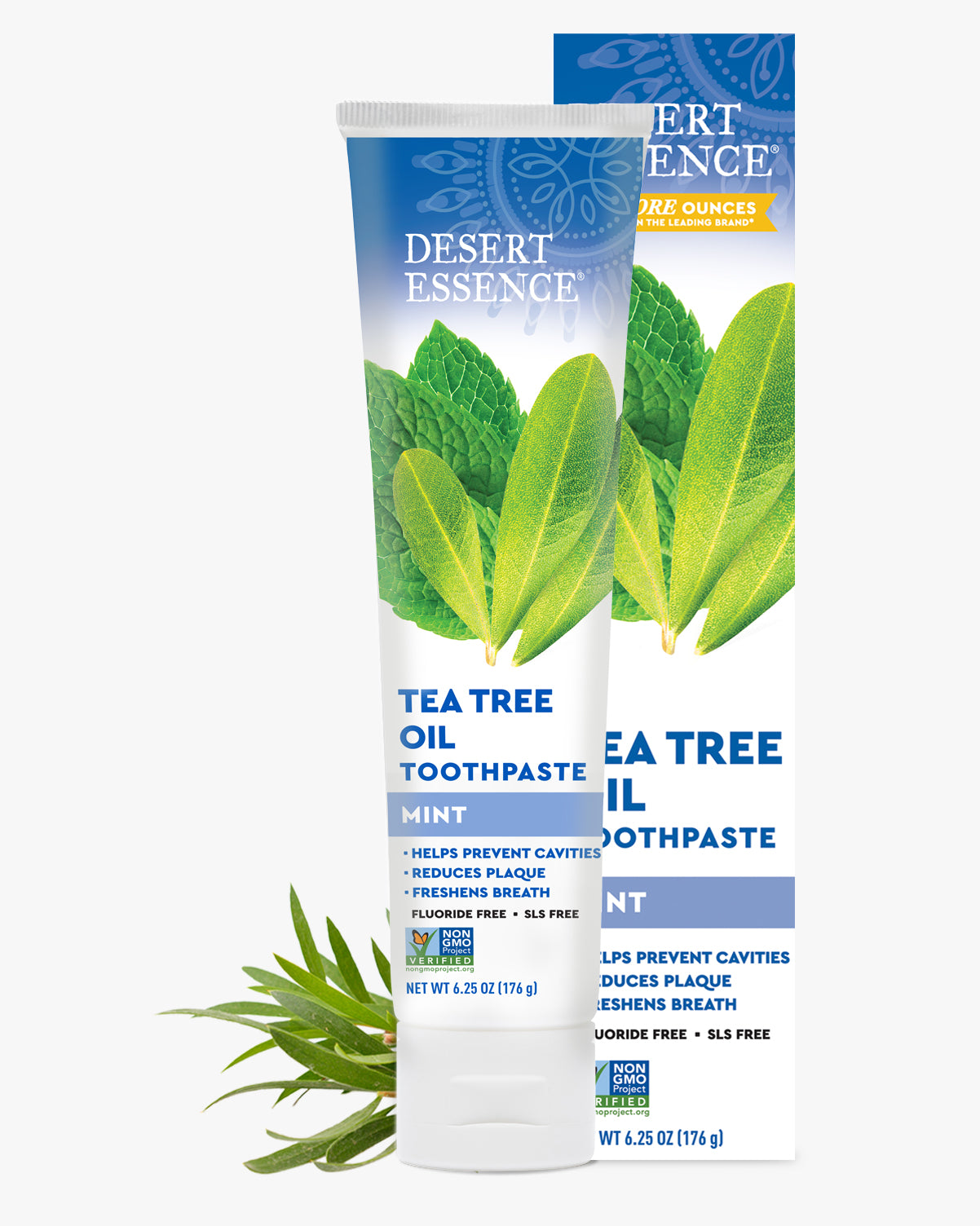 Desert Essence Tea Tree Oil Toothpaste packaging with mint leaves on a white background