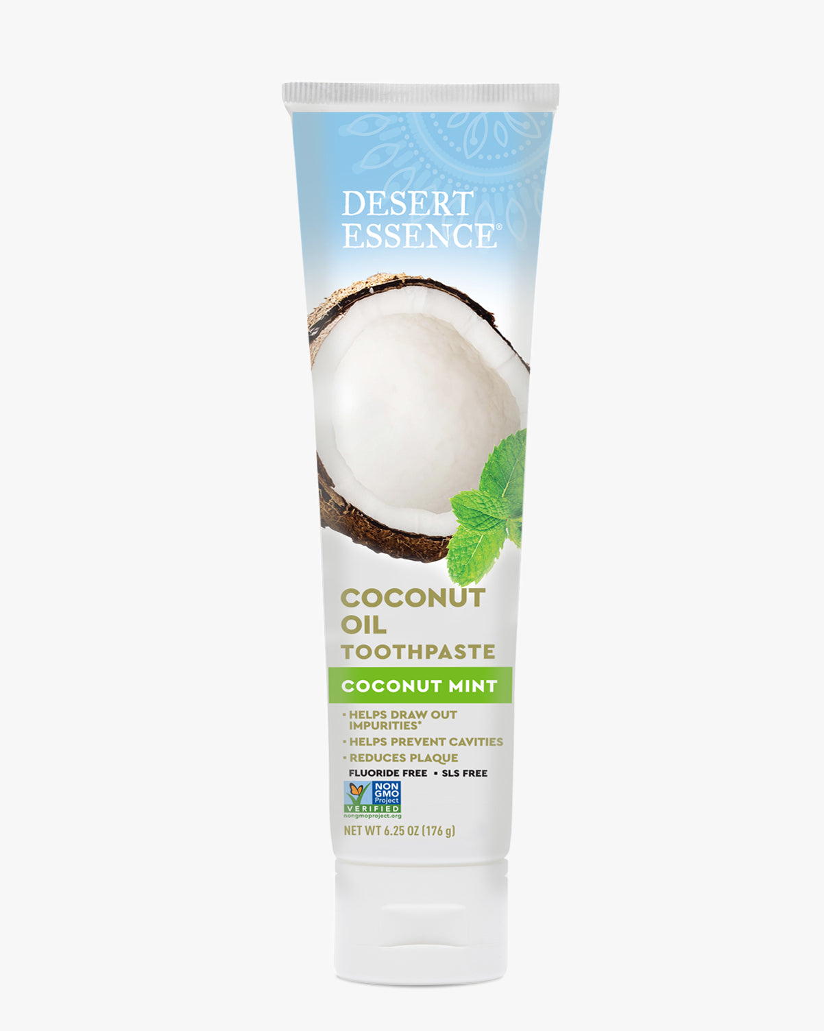 Desert Essence Coconut Oil Toothpaste tube on a white background