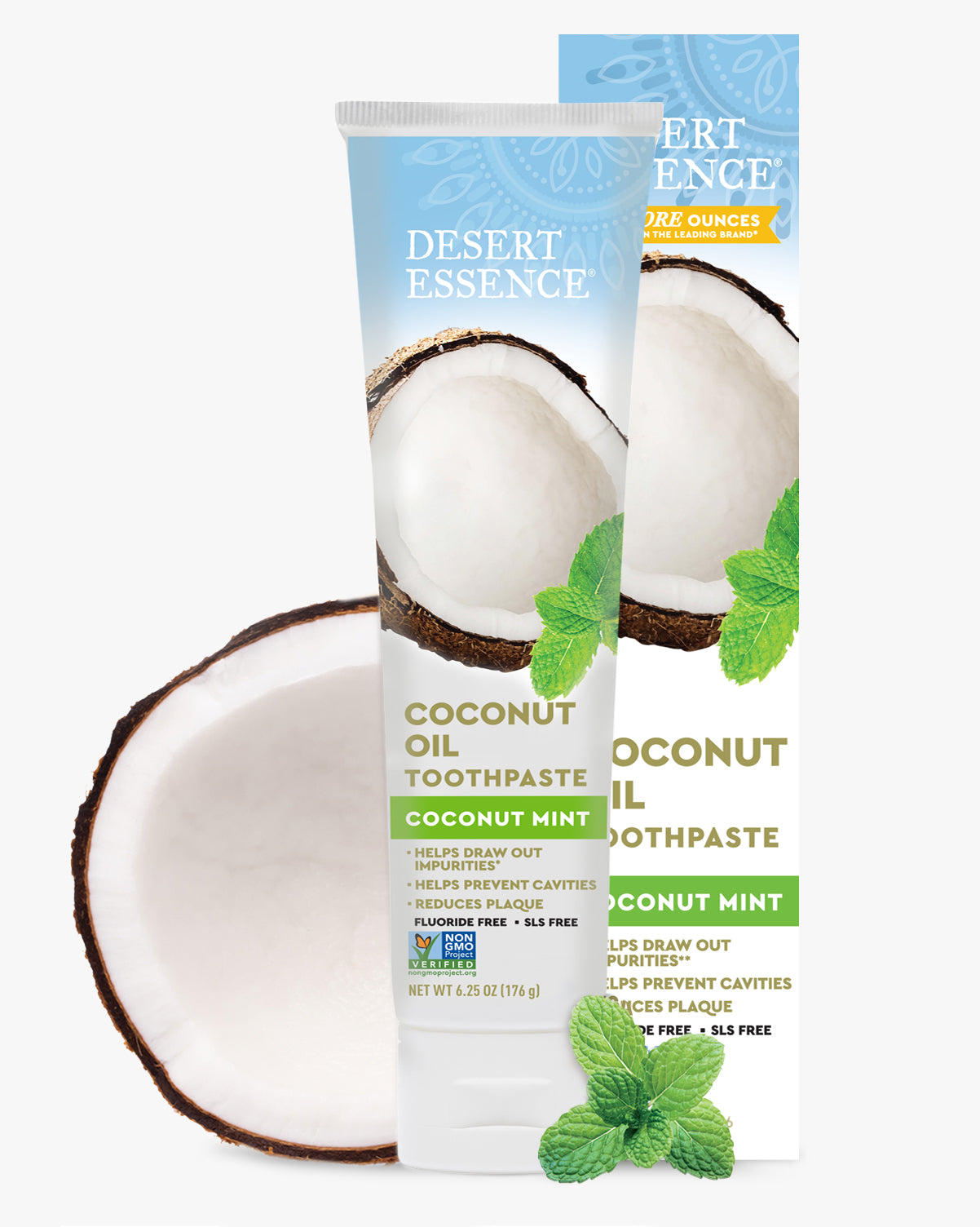 Desert Essence Coconut Oil Toothpaste packaging with a coconut and mint leaves on a white background