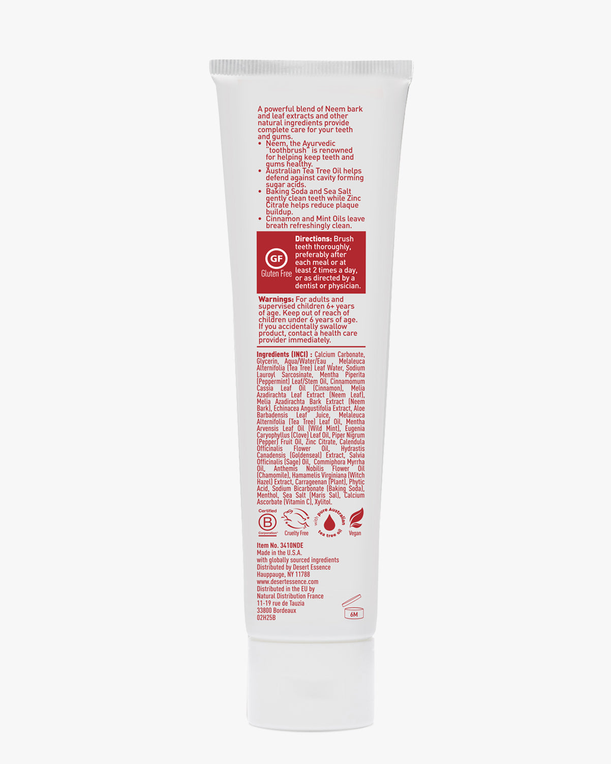 Tube of toothpaste with red text on a white background