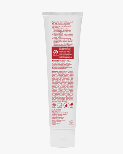 Tube of toothpaste with red text on a white background
