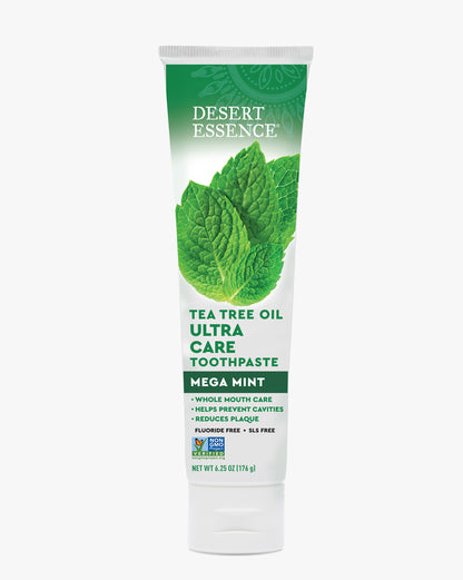 Desert Essence Tea Tree Oil Ultra Care Toothpaste tube on a white background