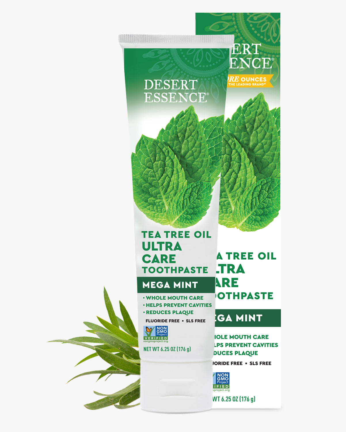 Desert Essence Tea Tree Oil Ultra Care Toothpaste packaging with green leaves on a white background