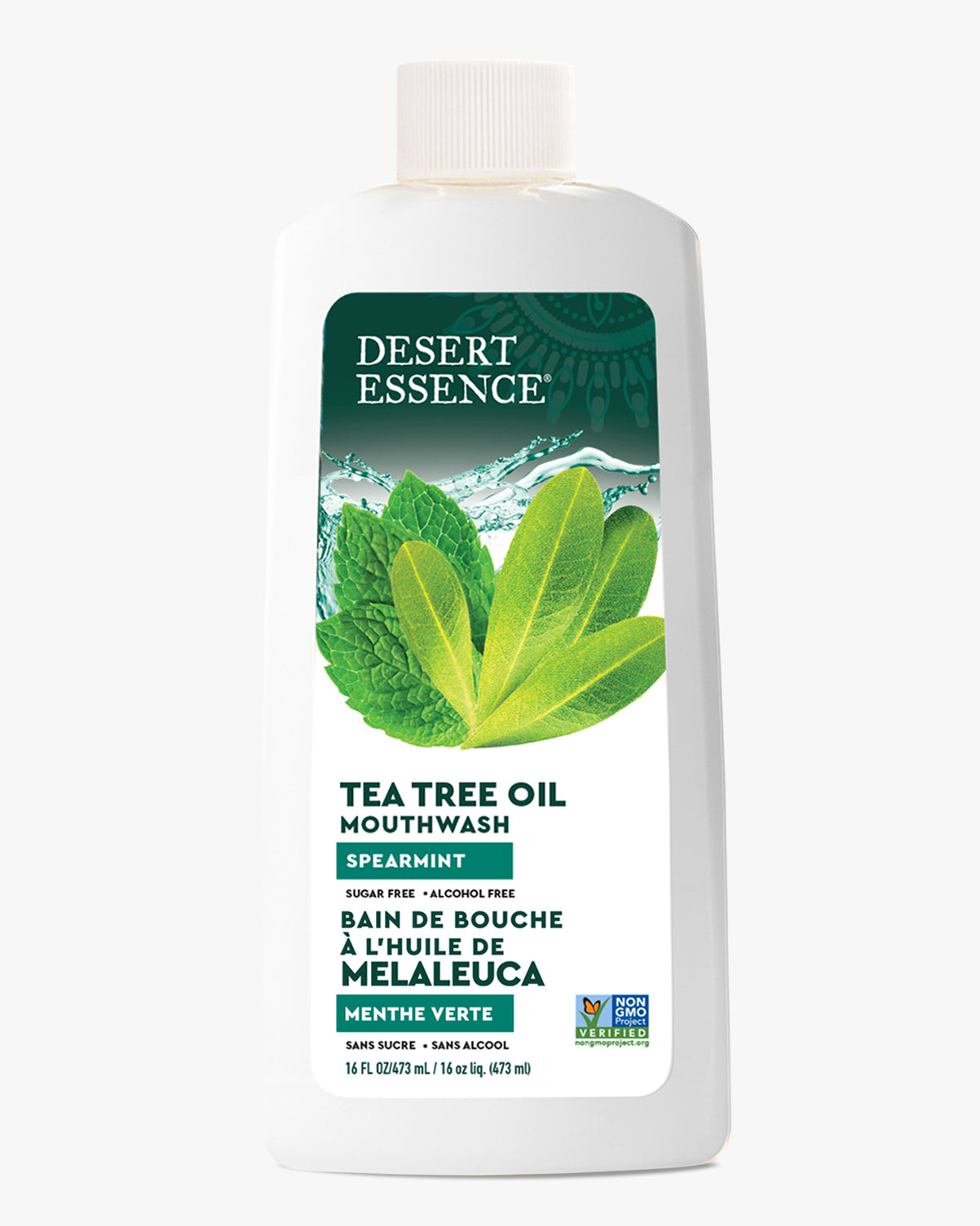 Desert Essence Tea Tree Oil Mouthwash bottle on a white background