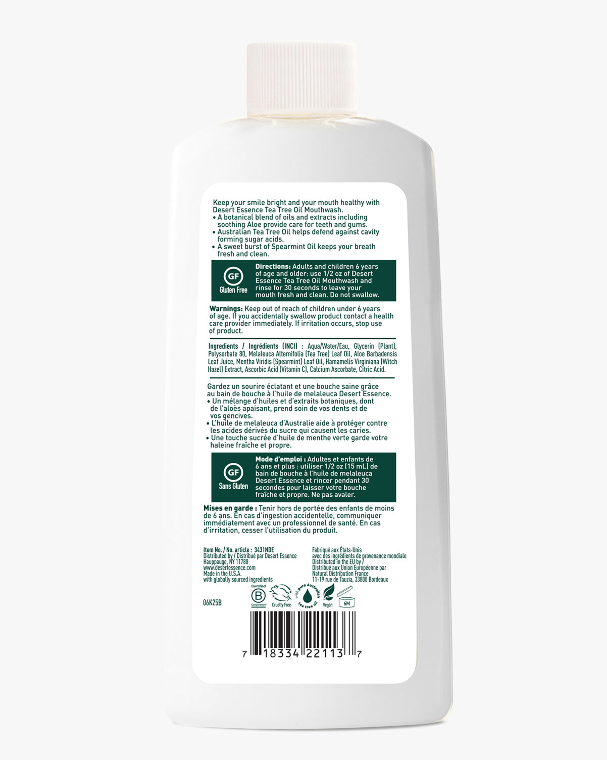 Back view of a white bottle with text and green labels on a white background