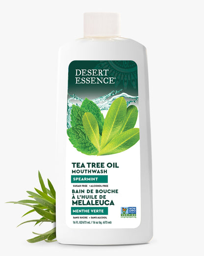 Desert Essence Tea Tree Oil Mouthwash bottle on a white background