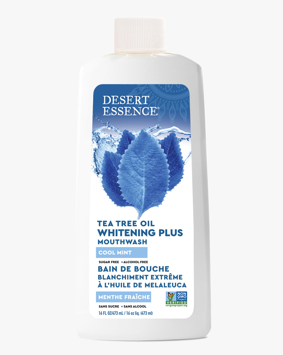 Desert Essence Tea Tree Oil Whitening Plus Mouthwash bottle on a white background