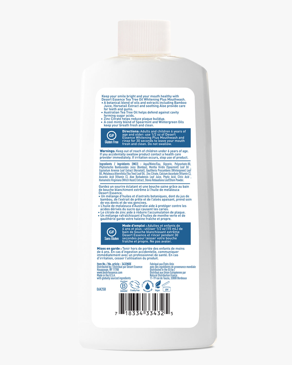 Back view of a white bottle with text and a blue label on a white background