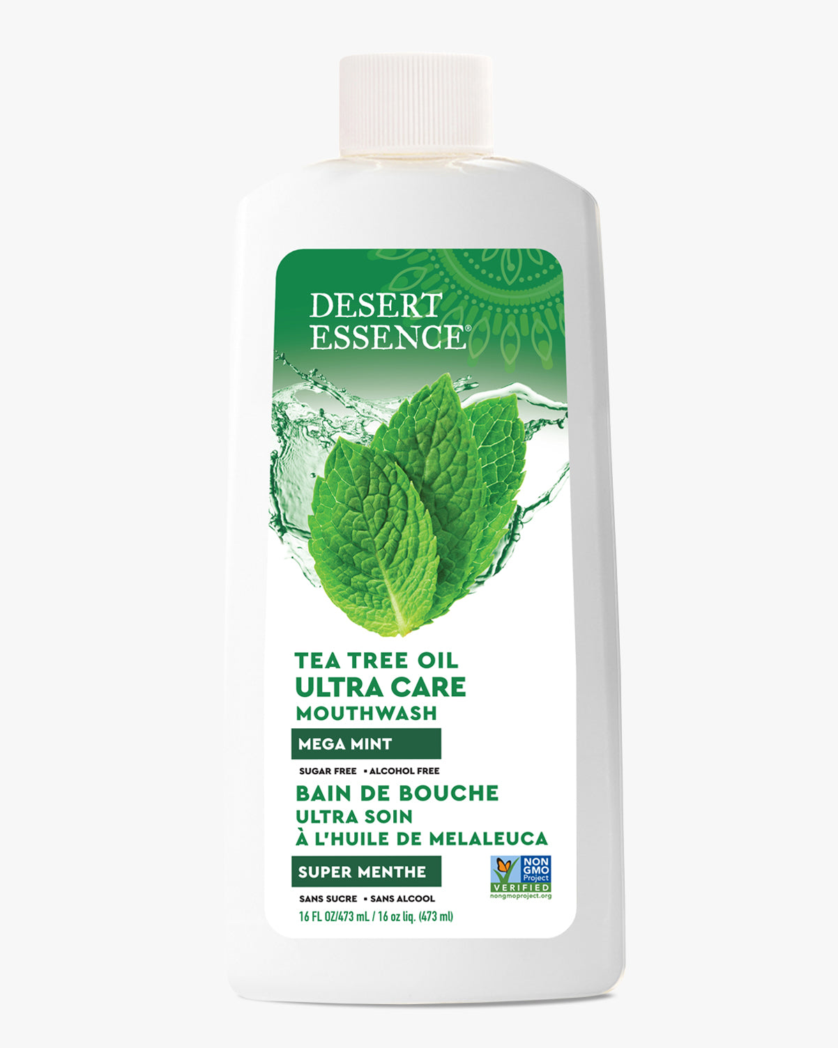 Desert Essence Tea Tree Oil Ultra Care Mouthwash bottle on a white background