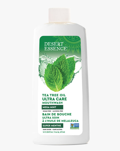 Desert Essence Tea Tree Oil Ultra Care Mouthwash bottle on a white background