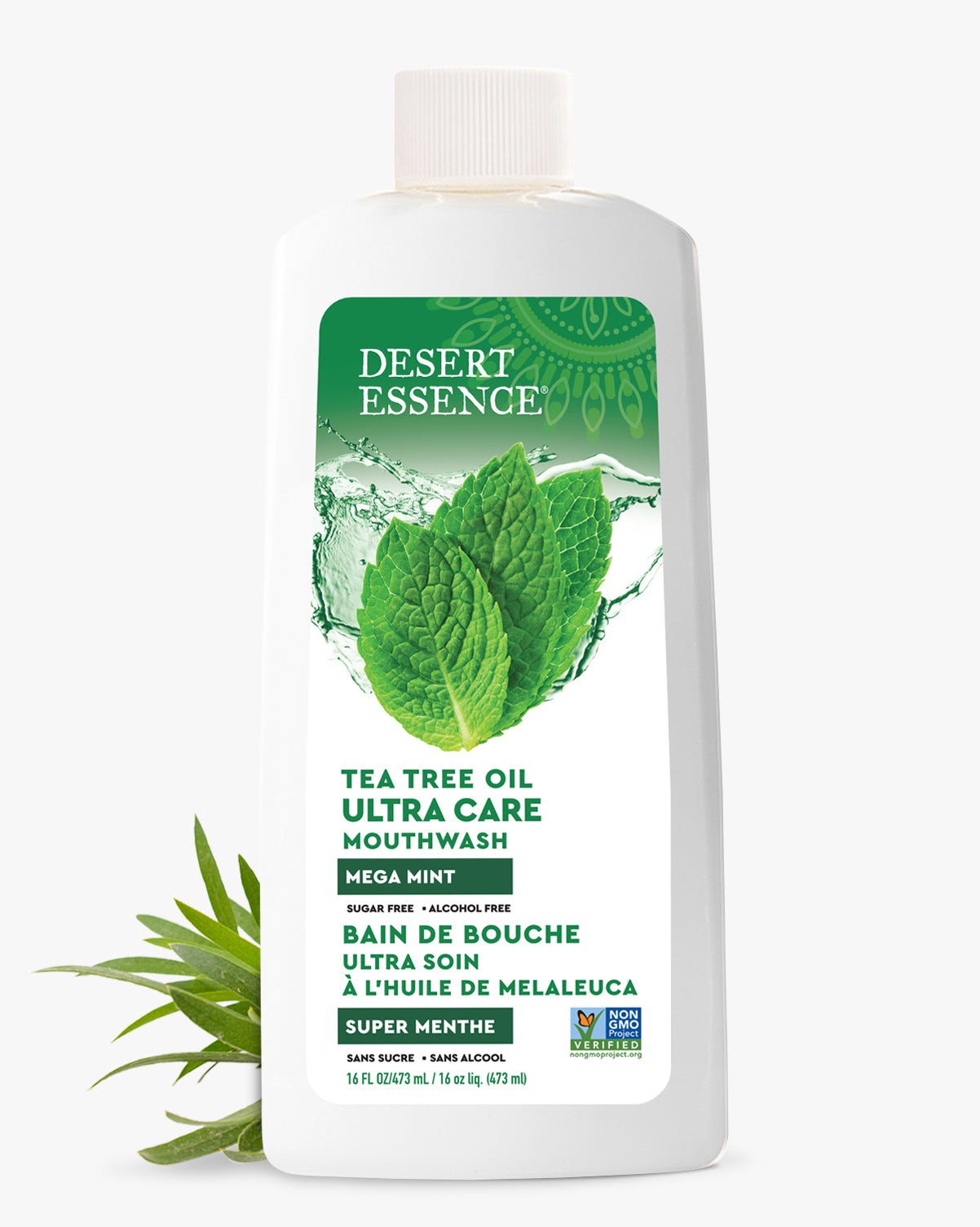 Desert Essence Tea Tree Oil Ultra Care Mouthwash bottle on a white background