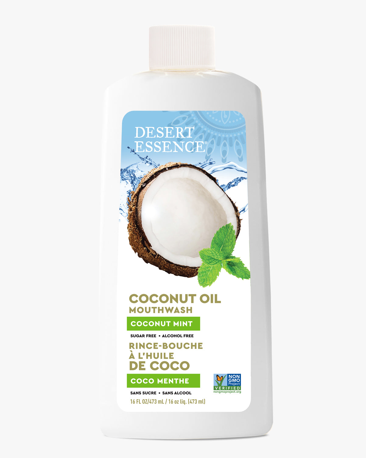 Desert Essence Coconut Oil Mouthwash bottle on a white background