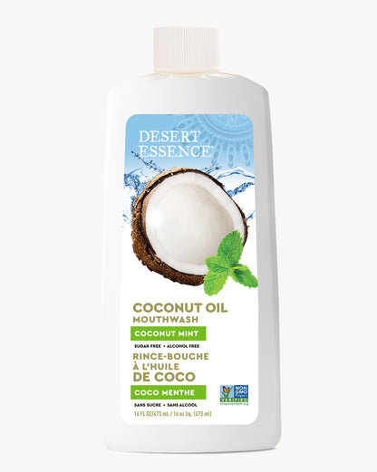 Desert Essence Coconut Oil Mouthwash bottle on a white background