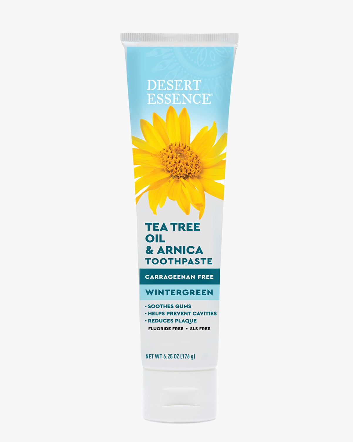 Desert Essence Tea Tree Oil & Arnica Toothpaste tube with a sunflower on a white background