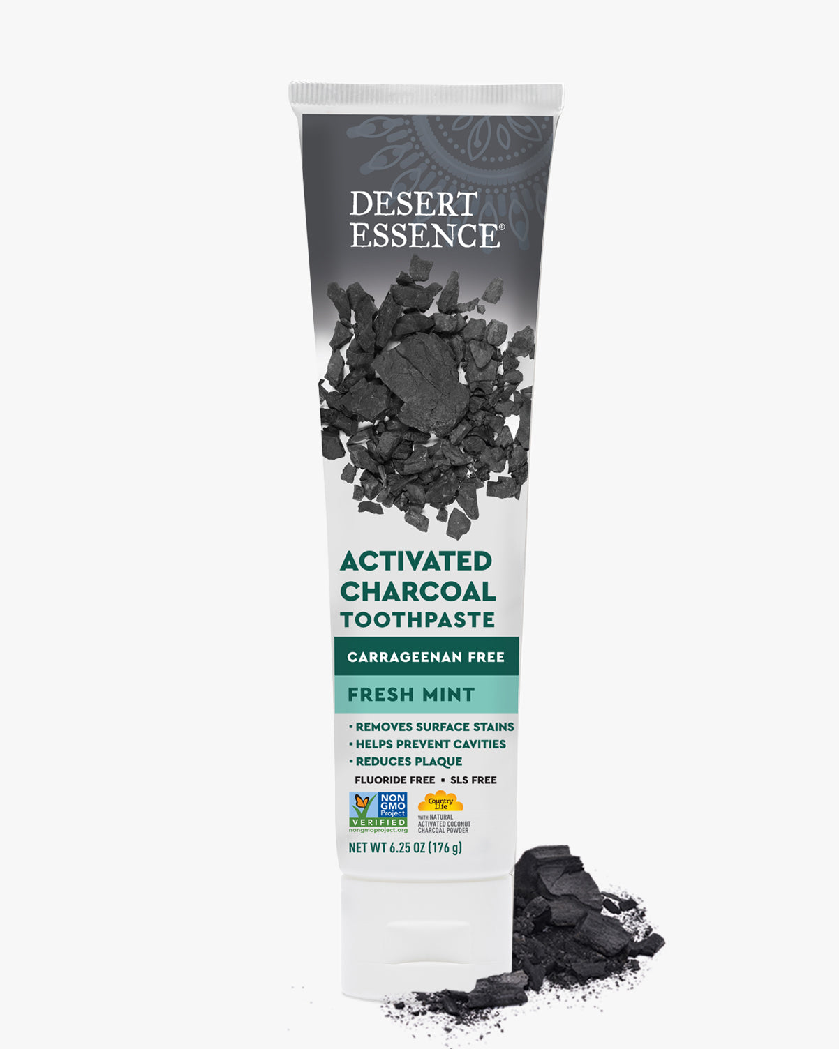 Desert Essence Activated Charcoal Toothpaste tube on a white background