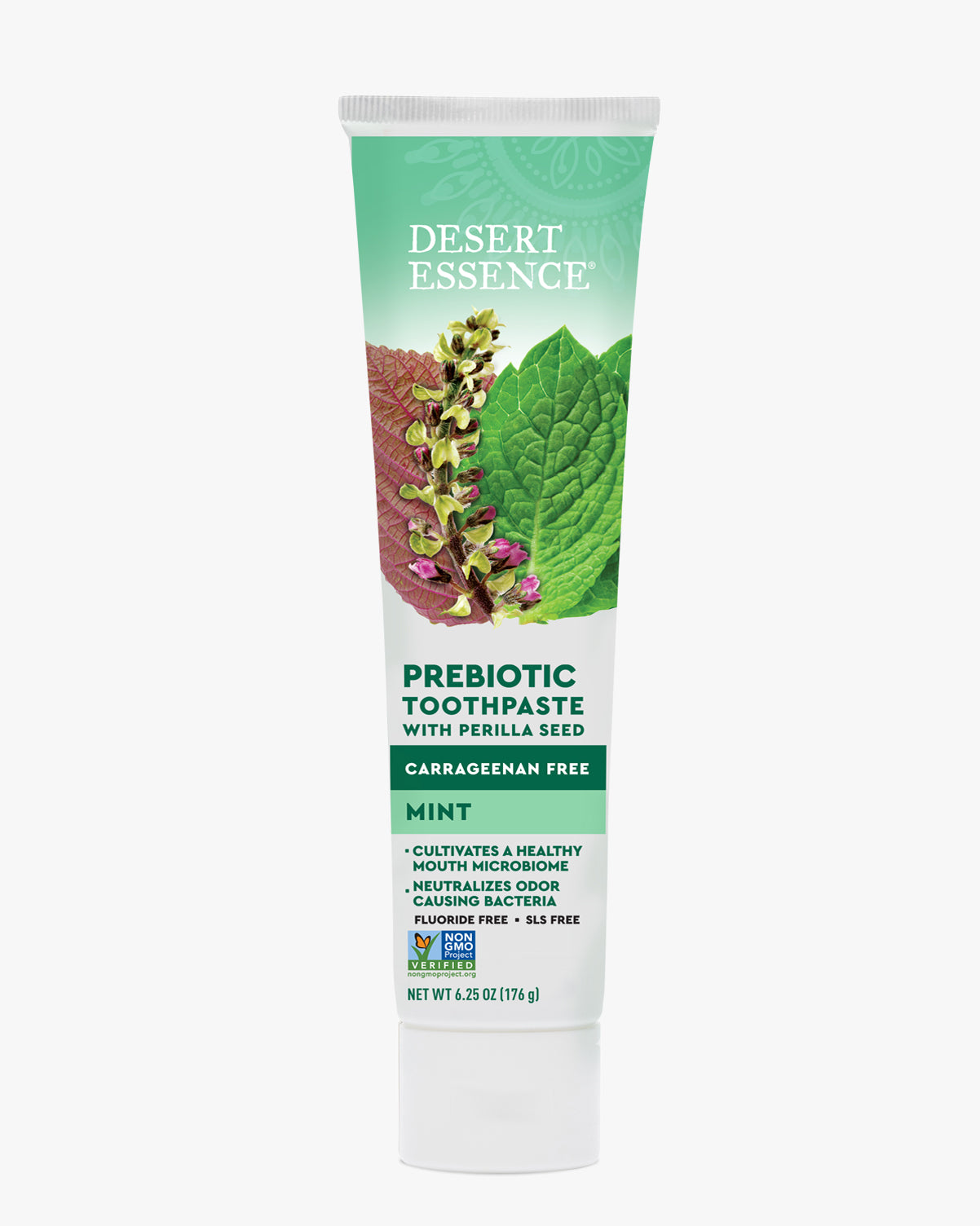 Desert Essence prebiotic toothpaste tube on a white background