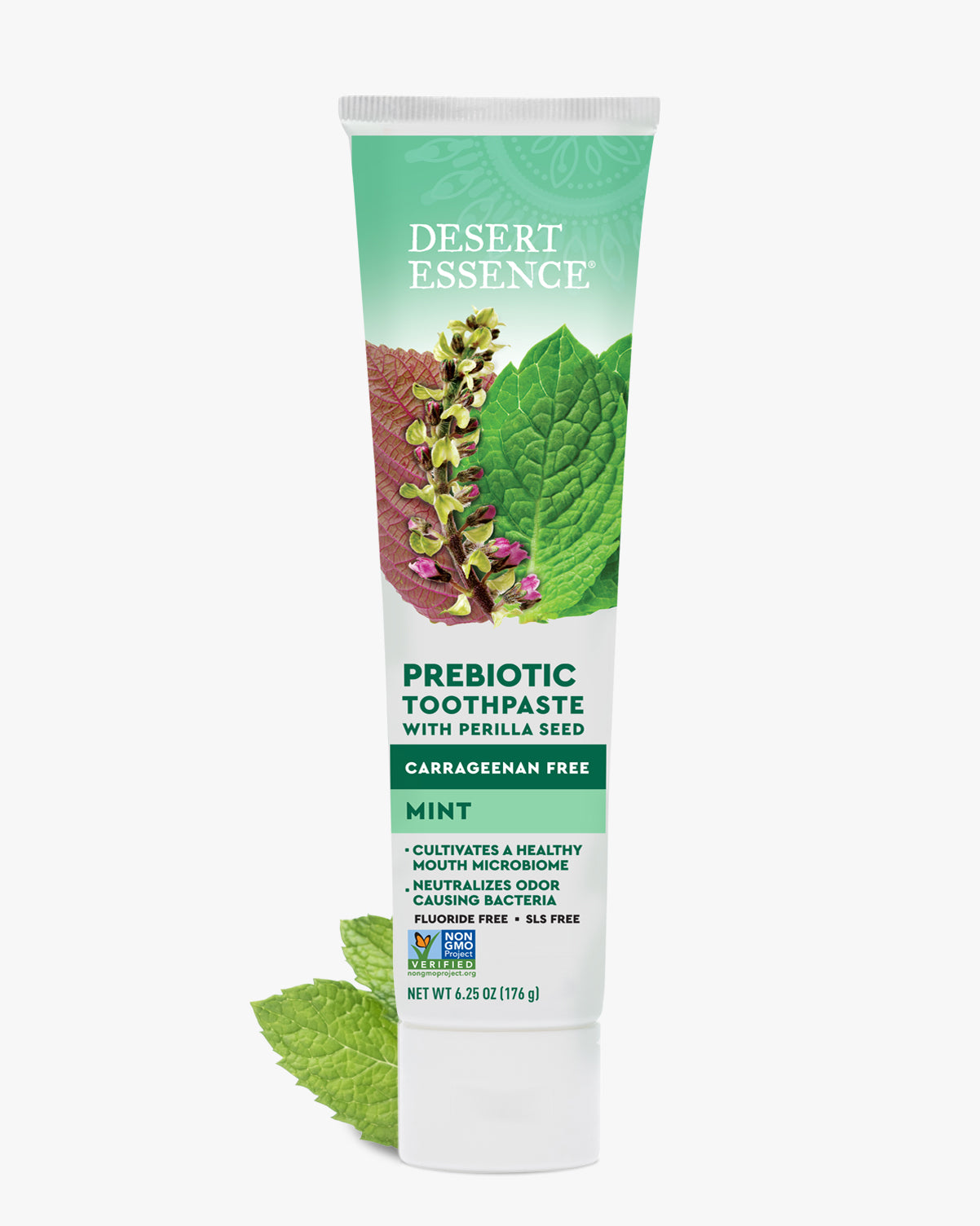 Desert Essence prebiotic toothpaste tube on a white background