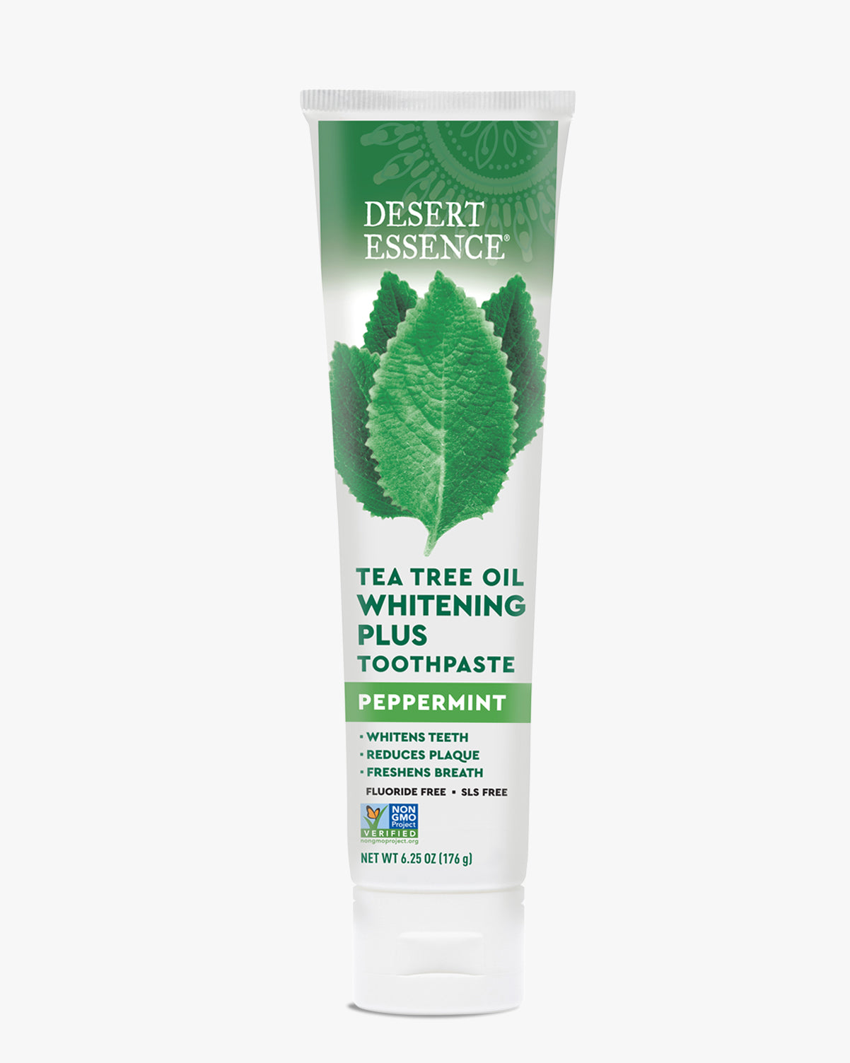 Desert Essence Tea Tree Oil Whitening Plus Toothpaste tube on a white background