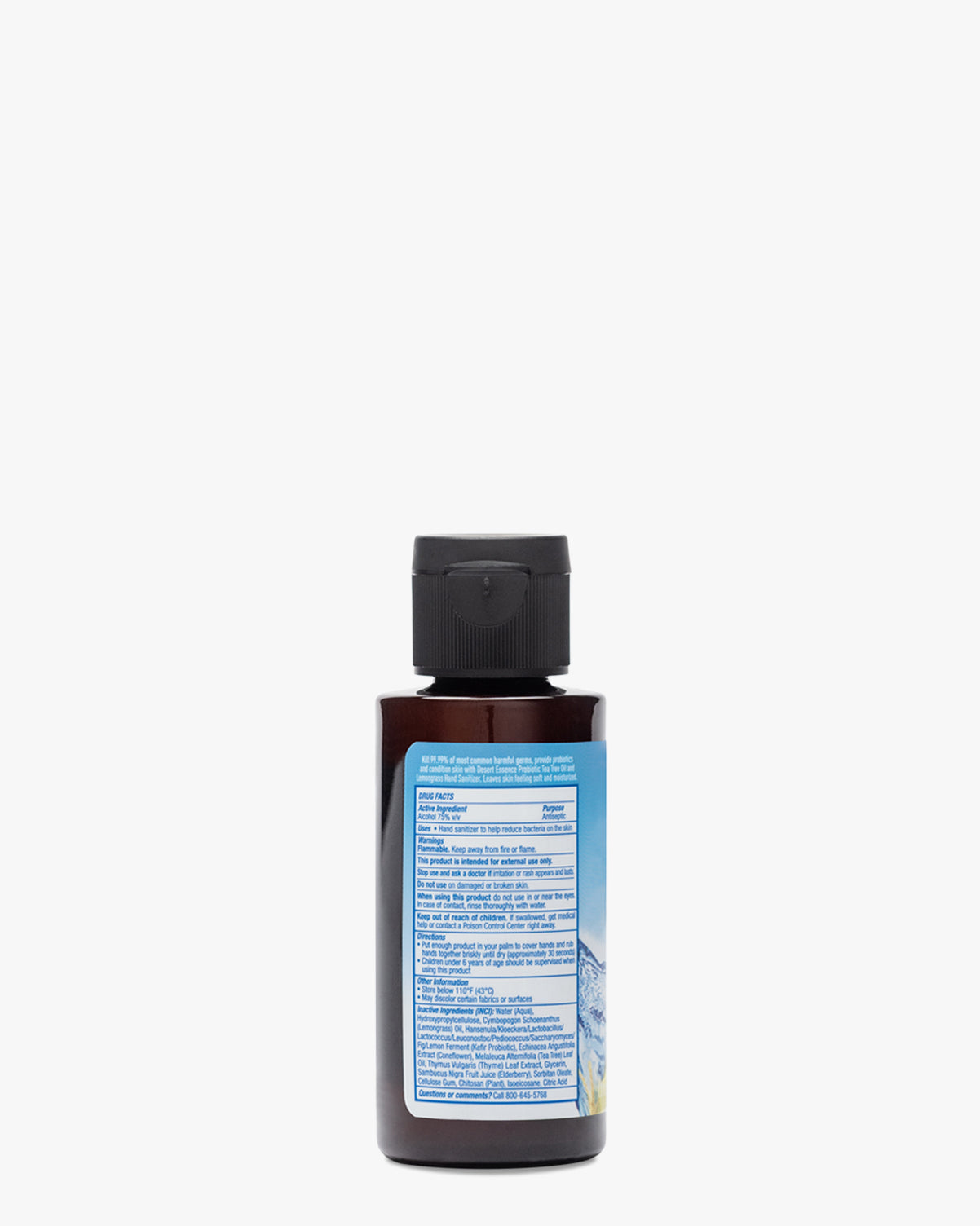 Tea Tree Oil & Lemongrass Probiotic Hand Sanitizer 1.7oz bottle shown with dark amber container and black cap, featuring a blue label with product information against a white background. Natural probiotic sanitizer combining essential oils and botanical extracts.
