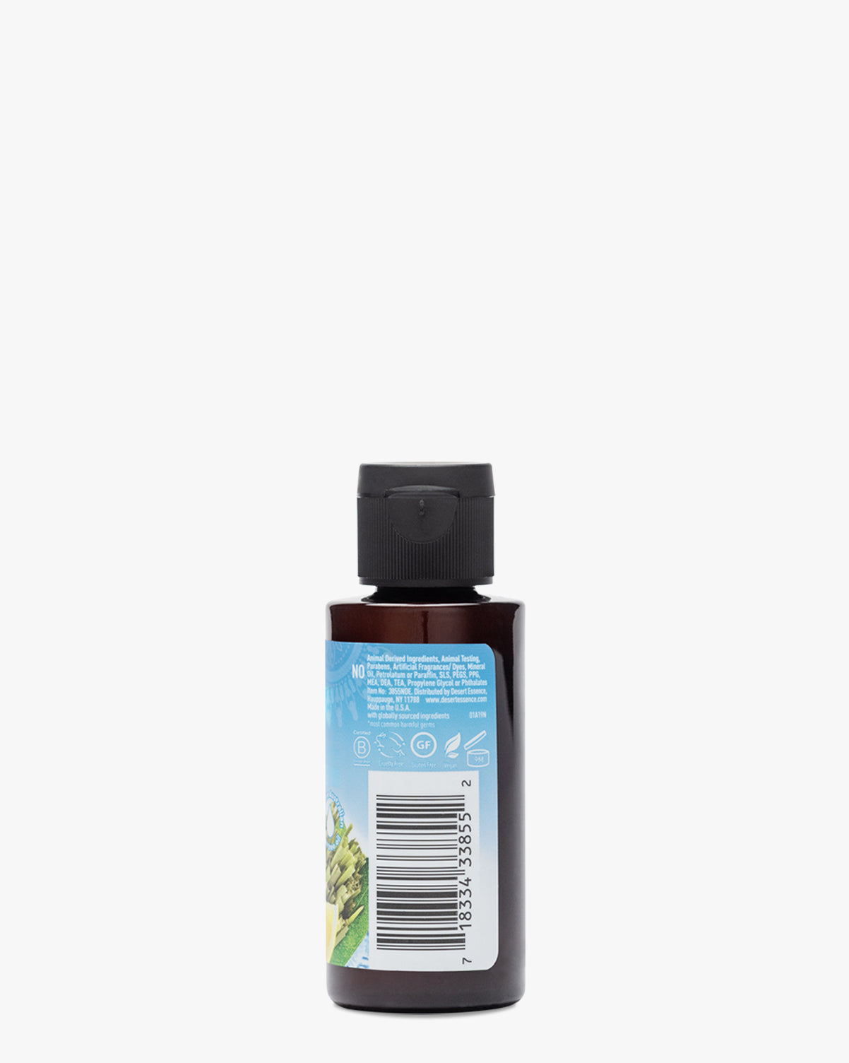 Tea Tree Oil & Lemongrass Probiotic Hand Sanitizer 1.7oz bottle shown from the back view, displaying product barcode and blue label details against a white background, in a dark brown plastic container with black cap