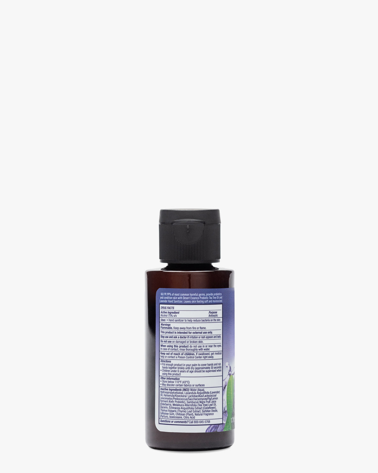 Tea Tree Oil & Lavender Probiotic Hand Sanitizer 1.7oz in a sleek amber bottle with black flip-top cap, featuring product information label with lavender graphics against white backdrop, showcasing Desert Essence's natural sanitizing solution