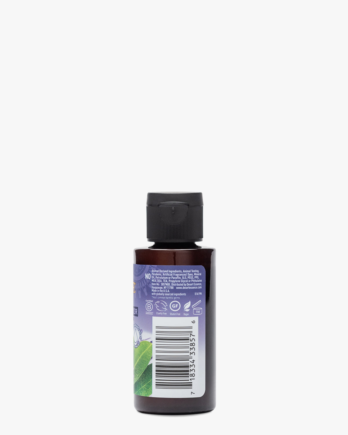 Tea Tree Oil & Lavender Probiotic Hand Sanitizer 1.7oz bottle shown from the back, displaying product information and barcode on a dark brown container with a black flip cap against a white background