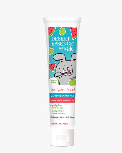 Desert Essence toothpaste gel for kids with a cartoon bunny on a white background