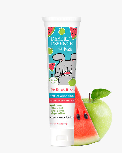 Desert Essence Kids Too Thapy Paste Gel tube with watermelon and apple graphics on a white background