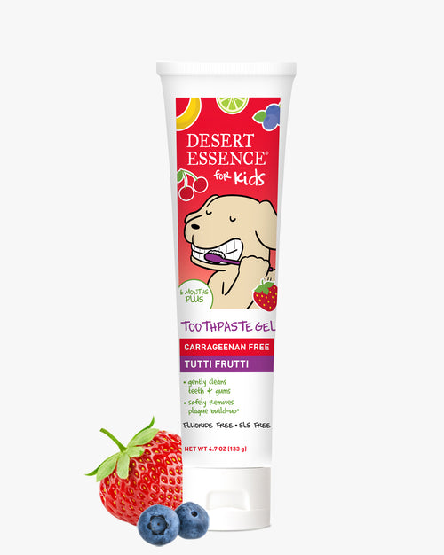 Desert Essence toothpaste gel for kids with fruit illustrations on a white background