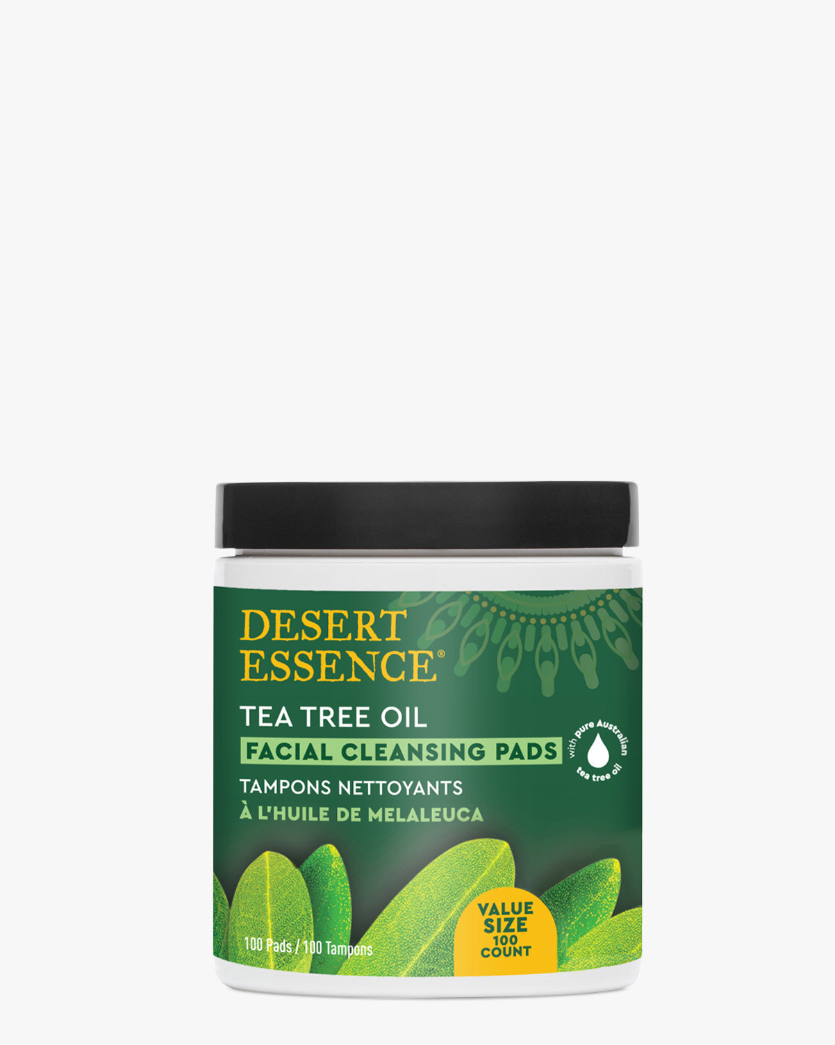 Tea Tree Oil Facial Value Size Cleansing Pads container by Desert Essence featuring green packaging with tea tree leaf design, displaying 100-count value size label and bilingual text on white background, showing round jar with black lid.