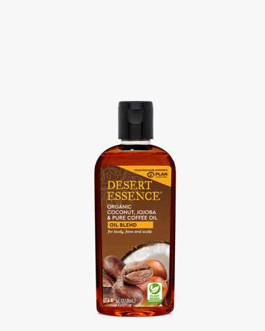 4 fl. oz. Bottle of the Desert Essence Organic Coconut, Jojoba & Pure Coffee Oil Blend for body, face, and scalp.