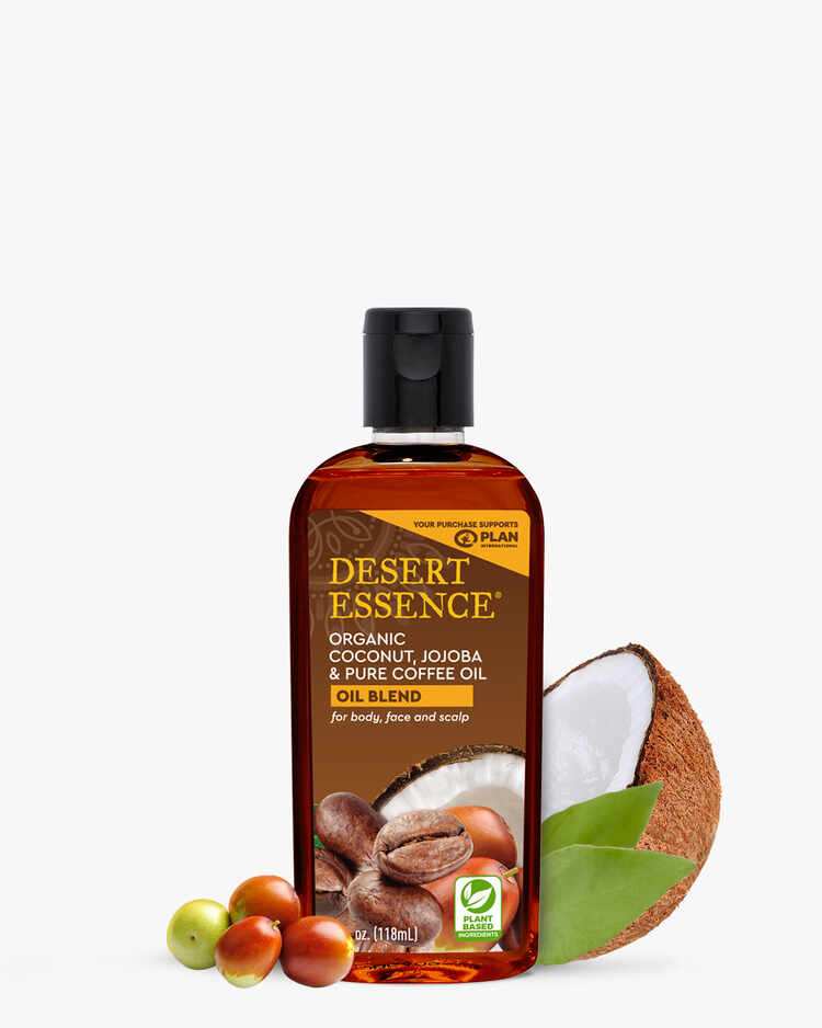4 fl. oz. Bottle of the Desert Essence Organic Coconut, Jojoba & Pure Coffee Oil Blend for body, face, and scalp alternative.