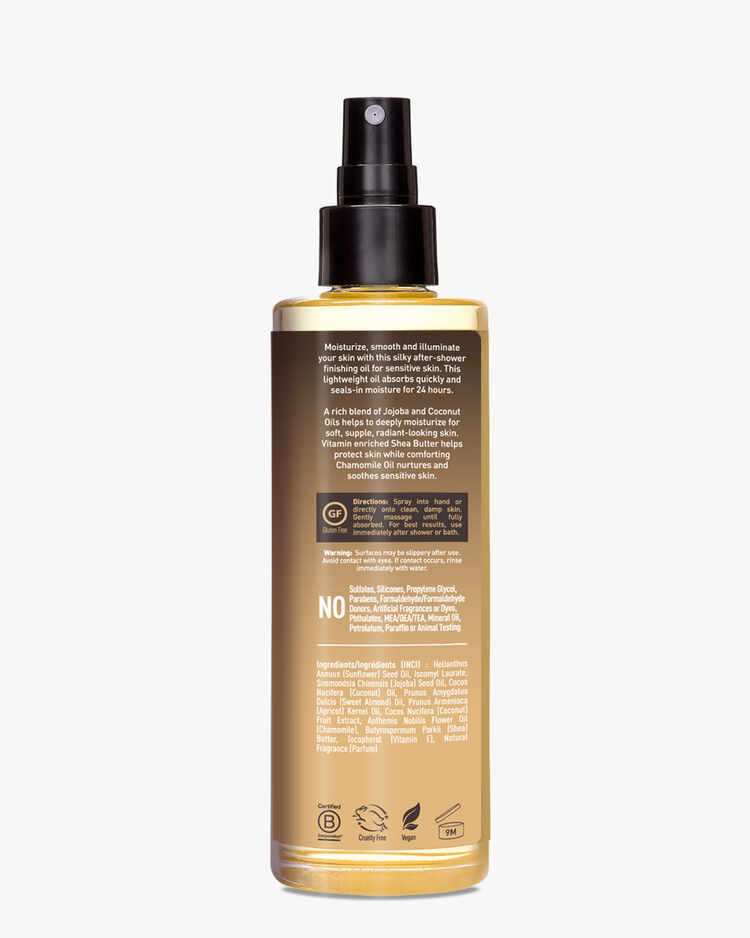 Directions and ingredient list of the Desert Essence Jojoba, Coconut, and Chamomile Body Oil Finishing Spray.