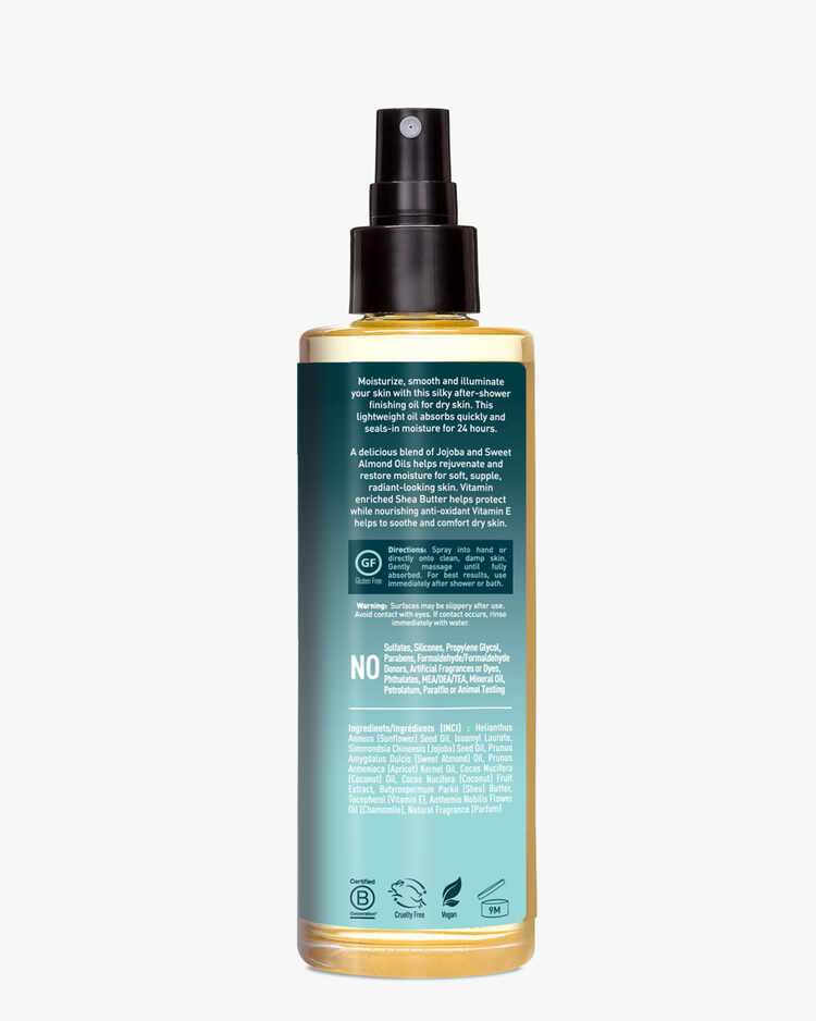 Directions and ingredient list of the Desert Essence Jojoba and Sweet Almond Body Oil Finishing Spray.