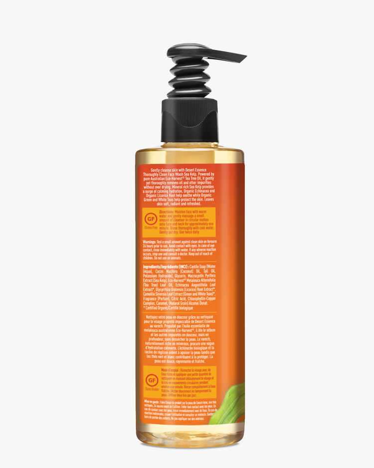 Directions and Ingredient list of the Desert Essence Thoroughly Clean Face Wash Sea Kelp.