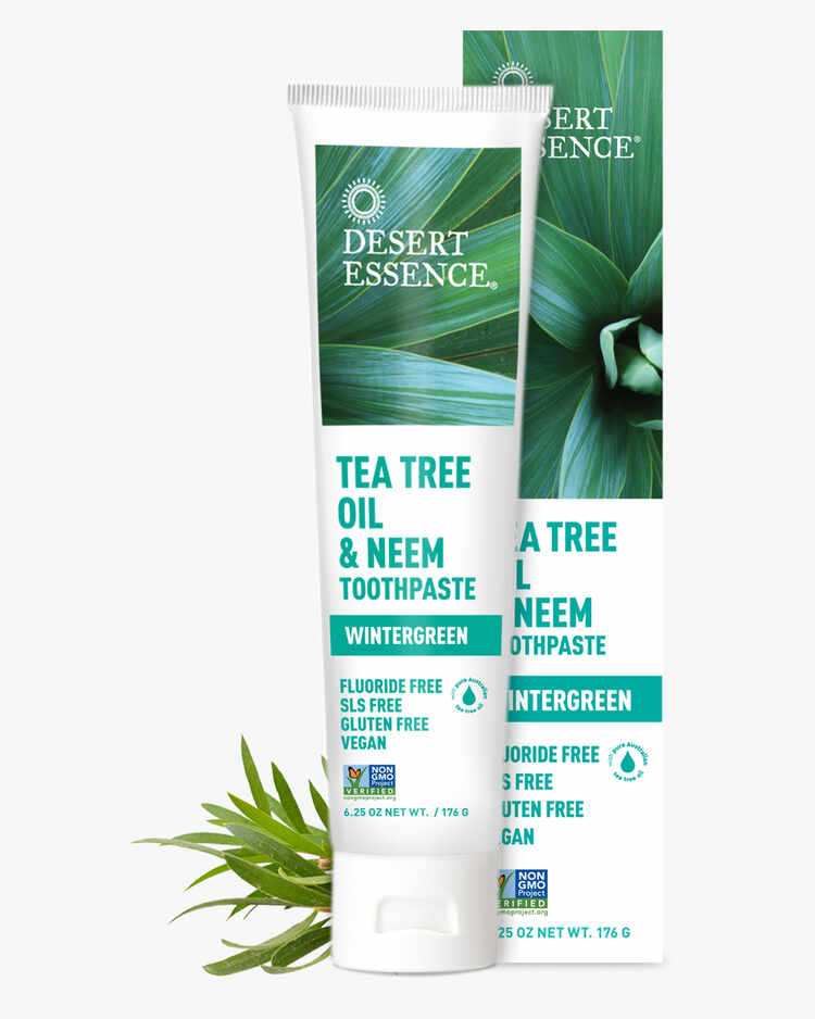 6.25 oz. tube of the Tea Tree Oil and Neem Toothpaste Wintergreen with packaging by Desert Essence.