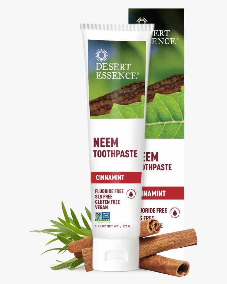 6.25 oz. tube of the Neem Toothpaste Cinnamint with cinnamon sticks and packaging by Desert Essence.