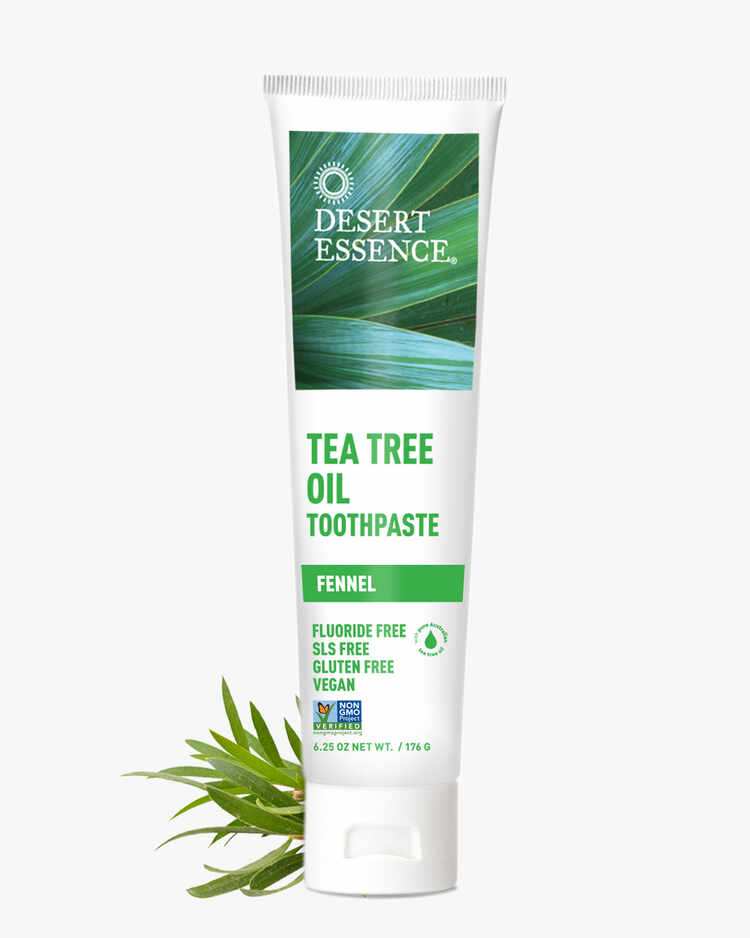 Description and ingredient list of the Tea Tree Oil Toothpaste Fennel with fennel plant by Desert Essence.