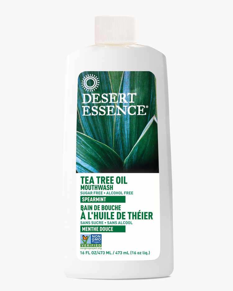 16 Fl. oz. bottle of the Tea Tree Oil Mouthwash Spearmint by Desert Essence.