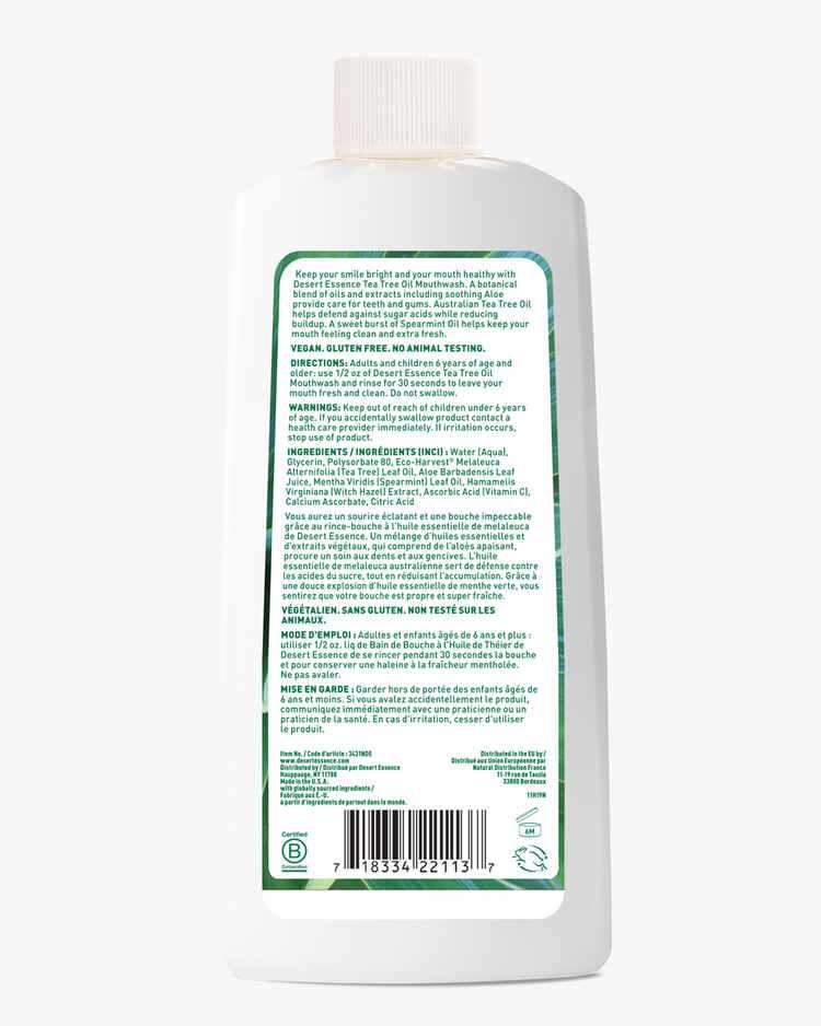 Back of the bottle description of the Tea Tree Oil Mouthwash Spearmint by Desert Essence.