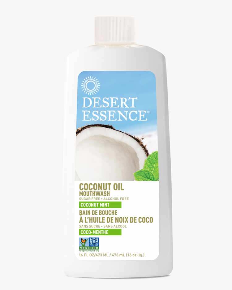 16 fl. oz. Bottle of the Coconut Oil Mouthwash Coconut Mint by Desert Essence.