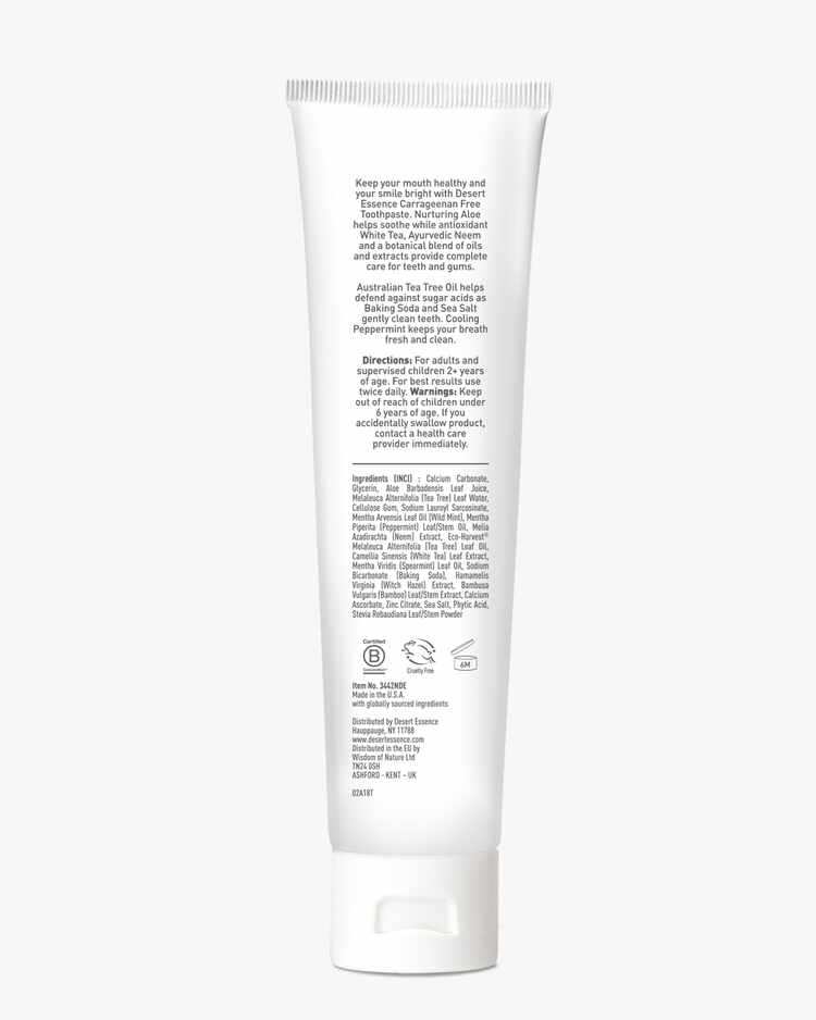 Back label of the Aloe and Tea Tree Oil Toothpaste Peppermint with description, directions, warnings, and ingredient list.