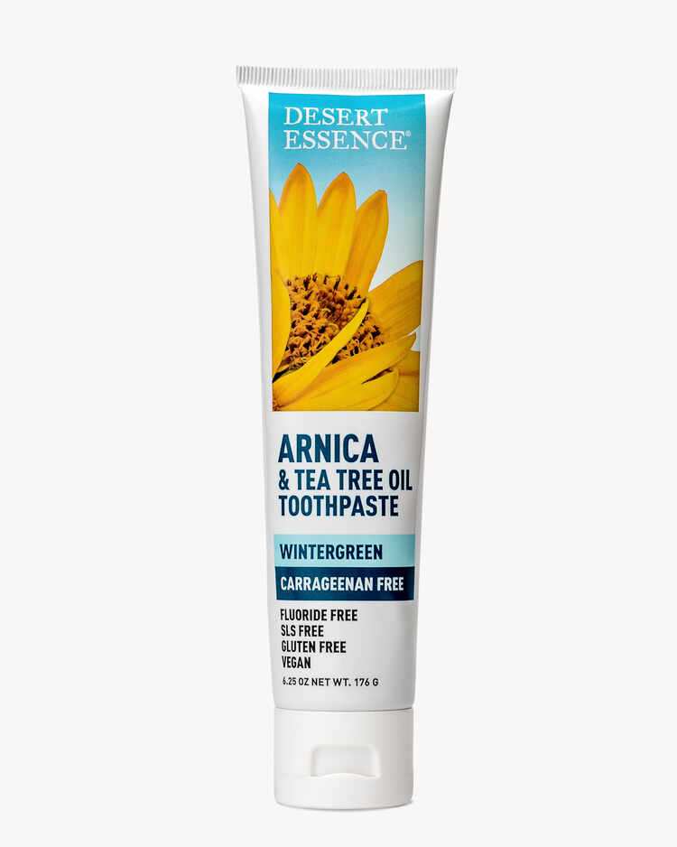 6.25 oz. tube of the Arnica and Tea Tree Oil Toothpaste Wintergreen by Desert Essence.